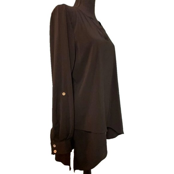 Susan Graver Black Long Sleeve Tunic Blouse Size 6 Roll Tab Sleeves‎ V Neck - Picture 3 of 6